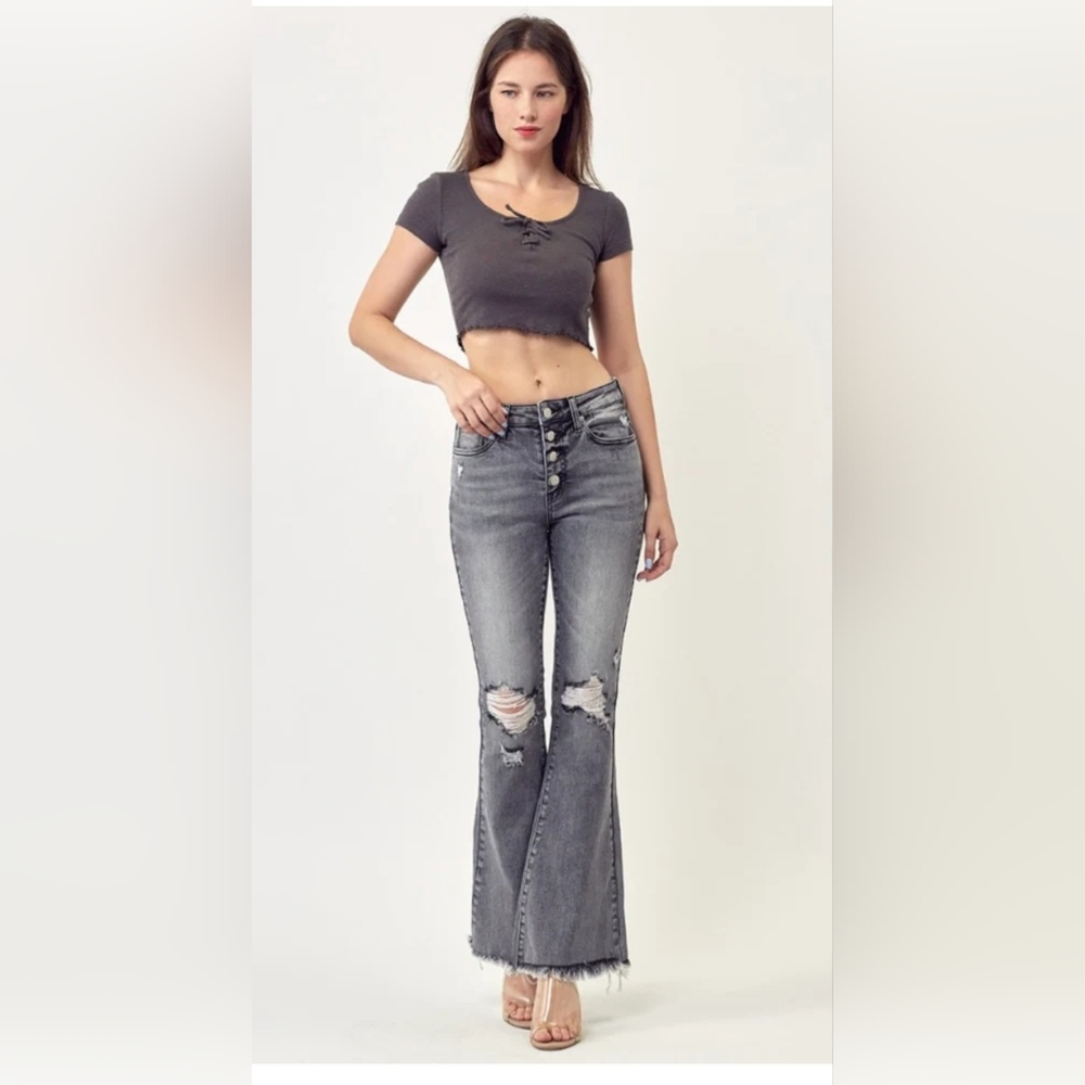 Risen Jeans Gray Mid Rise Flare Size 11 Inseam 30